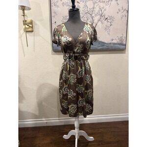 VPL 100% Silk Brown Floral Knee Length Dress Gold Buckle Belt V-Neck Fit & Flare